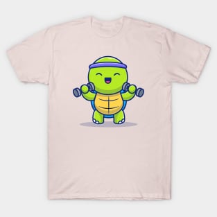 Cute Turtle Lifting Dumbbells Cartoon Illustration T-Shirt